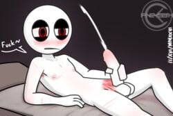 1boy 3:2 alone armpit_hair bald bald_male balls ballsack bed bedroom blush circle_head cum cumming dark_background ejaculation fapping gay jerking jerking_off laying_down looking_at_penis male male_nipples male_only original_character pubic_hair red_eyes red_hair red_pubes red_sclera resized scar scarred_body scars scars_all_over scars_on_arm simple_shading testicles white_balls white_penis white_skin