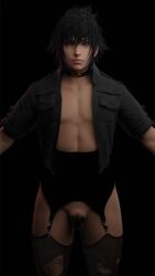 3d black_hair black_jacket blue_eyes caged_cock collar femboy final_fantasy_xv noctis_lucis_caelum nose_piercing t_pose tagme tscd_rendering