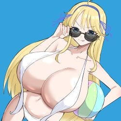 :p ahoge alternate_breast_size_(larger) ball beachball bikini blonde_hair blue_background blue_ribbon blush breast_curtains breasts cleavage collarbone cowboy_shot curvy female gigantic_breasts green_eyes groin hair_ribbon holding holding_ball katsuragi_(senran_kagura) lemonshioo long_hair looking_at_viewer looking_over_eyewear navel ribbon senran_kagura senran_kagura_shoujo-tachi_no_shin'ei shiny_skin simple_background slingshot_swimsuit smile solo sunglasses swimsuit tongue tongue_out v-shaped_eyebrows white_slingshot_swimsuit