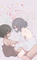 2girls aerial_fireworks blush breasts brown_cardigan brown_eyes cardigan chinese_commentary commentary_request ebizuka_tomo fireworks girls_band_cry grey_hair highres medium_breasts multiple_girls nipples off_shoulder open_mouth red_eyes rupa_(girls_band_cry) shirt short_hair small_breasts straddling sweat trembling white_shirt yun_cao_bing yuri