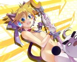 1boy animal_ears bad_id bad_pixiv_id bell blonde_hair blue_eyes blush bow cat_boy cat_ears cat_tail censored collar convenient_censoring femboy gloves hair_ribbon hairbow holding holding_staff jingle_bell kagamine_len magic_staff magical_nuko-lenlen_(vocaloid) male_focus neck_bell nude open_mouth potchi ribbon solo staff tail teeth thighhighs trap upper_teeth_only vocaloid white_thighhighs