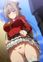 after_sex after_vaginal aiguillette amagi_brilliant_park antenna_hair bow breasts brown_eyes brown_hair censored closed_mouth cum cum_in_pussy cum_inside cumdrip female frills hair_between_eyes hair_intakes hairbow hera_(hara0742) highres jacket large_breasts long_hair military_jacket no_panties ponytail pussy pussy_juice red_jacket sento_isuzu sidelocks skirt skirt_lift solo_focus sweat thighs white_legwear