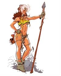 1girls anna_marie boots brown_hair cleavage conorhughes gloves green_eyes headband jungle_girl large_breasts loincloth marvel marvel_comics multicolored_hair rogue_(savage_land) rogue_(x-men) savage_land spear white_hair x-men