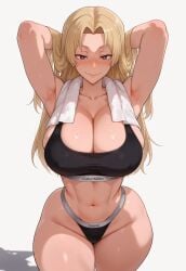 abs ai ai_generated armpit_crease armpits big_breasts blonde_hair bra_and_panties calvin_klein curvy_female fit_female hands_behind_head jujutsu_kaisen long_hair muscular_female panties scinna sports_bra thick_thighs wide_hips yuki_tsukumo