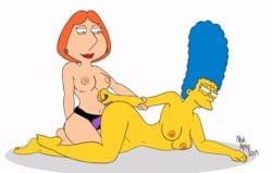 2girls anal animated blue_hair bouncing_breasts double_penetration earrings family_guy female/female female_only female_penetrated female_penetrating female_penetrating_female gif lois_griffin marge_simpson milf multiple_girls nickartist nipples orange_hair red_lipstick strap-on the_simpsons vaginal white_background yellow_body yellow_skin yuri