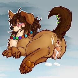 animal_genitalia anus blush bodily_fluids canid canine cookie cum dripping female feral food genital_fluids genitals hi_res hirothedragon mammal solo