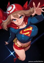 2025 ai_generated anime bandana belt blue_eyes boots breasts brown_hair cape cleavage collarbone cosplay covered_nipples crop_top crossover eye_contact female female_focus female_only grin highres huge_breasts large_breasts long_hair long_sleeves looking_at_viewer may_(pokemon) may_\\(pokemon\\) midriff miniskirt navel nintendo nsfw patreon patreon_username pokemon red_footwear rognezart shirt skirt smile smiling solo thick_thighs thighs very_long_hair