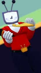 1boy blurry_background deltarune deltarune_chapter_3 looking_at_viewer male male_only microphone necktie necktie_pull on_stage pulling_tie solo solo_male stage standing tenna_(deltarune) tv_head vrchat