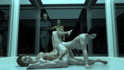 1boy 3d 3girls ada_wong albert_wesker completely_nude daz_studio excella_gionne female jill_valentine lesbian_sex male nude nude_female o97t5s resident_evil tribadism yuri zombie