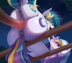 2026 absurd_res animal_genitalia animal_penis anus ass cutie_mark digital_media_(artwork) disembodied_penis duo_focus equid equine equine_genitalia equine_penis fan_character female feral genitals group hasbro hi_res male mammal medial_ring multicolored_tail my_little_pony night nording open_mouth outside penis tail vulva