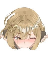 1boy absurdres anis_(nikke) artist_name blush brown_eyes brown_hair crying crying_with_eyes_open female goddess_of_victory:_nikke hair_intakes hair_ornament hairpin hand_on_another's_head highres implied_fellatio kiki_(akasaka0818) long_hair looking_at_viewer meme negative_space negative_space_cunnilingus_(meme) one_eye_closed simple_background solo_focus spread_legs tears white_background