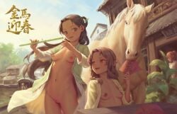 2others 3girls bigrbear bracelet breasts brown_eyes brown_hair building chinese_new_year cleft_of_venus commentary_request day faceless faceless_female flute highres holding holding_flute holding_instrument horse instrument jacket jewelry long_hair multiple_girls multiple_others nipples open_clothes open_jacket open_mouth ophelia_(bigrbear) original outdoors pointy_ears pussy red_eyes small_breasts uncensored
