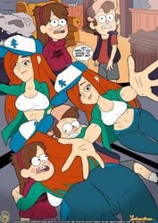 1boy 2girls artist_request ass baseball_cap brown_hair cameltoe comic dat_ass dipper_pines disney disney_channel english_text female gravity_falls hugging mabel_pines male multiple_girls orange_hair pine_tree_(symbol) redhead smooth_skin tagme text wendy_corduroy