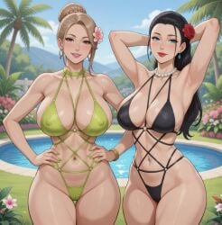 2girls ai_generated armpit_crease armpits arms_behind_head beige_hair bikini_strap bikini_strings black_bikini black_clothing black_hair blue_eyes blush bracelet choker_bikini earrings flower_in_hair flowers garden green_bikini green_clothing grey_eyes grok hair_streak hair_tied_up hand_on_hip hands_on_hips inviting landscape_background large_breasts lipstick long_hair loose_hair nail_polish nipple_outline outdoor_background outdoors palm_tree pearl_necklace pelvic_line poolside revealing_clothes rgomez007 scenic smiling_at_viewer swimsuit thick_lips thick_thighs wide_hips