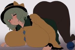 1girl all_fours ass black_headwear black_pantyhose blush bow breast_press breasts buttons cleavage collared_shirt female frills gigantic_breasts green_eyes green_hair green_skirt hair_between_eyes hat hat_bow hat_ribbon heart huge_ass huge_breasts koishi_komeiji komeiji_koishi long_sleeves looking_at_viewer medium_hair moriforest1040 pantyhose ribbon shirt short_hair simple_background skirt solo thick_thighs thighs third_eye third_eye_(touhou) top-down_bottom-up touhou touhou_project wavy_hair white_background wide_sleeves yellow_bow yellow_ribbon yellow_shirt