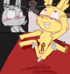 anal anal_sex anthro anthro_on_anthro balls bed bunny cum cum_in_anus cum_in_ass dick dick_in_ass erected_penis fucking_good_and_hard genital_fluids genitalia glistening_eyelids grey_body grey_fur heart-shaped_pupils kanschkov_(usavich) legs_spread male/male moan moan_suppressed_by_orgasm orgasm pillow rabbit red_blanket sex shocasky_(usavich) testicles tired_eyes urethra usavich yaoi yellow_body yellow_fur