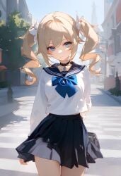 ai_generated barbara_(genshin_impact) blonde_hair blue_eyes choker drill_curls fully_clothed gemstone hair_ribbon looking_at_viewer medium_breasts miniskirt pleated_skirt ribbon seifuku thick_thighs