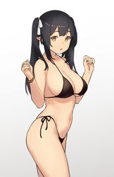 bikini black_hair cleavage elf elf_(houtengeki) female houtengeki large_breasts pointy_ears side-tie_bikini solo standing twintails yellow_eyes