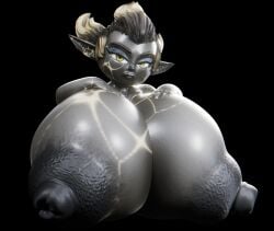 1girls 3d 3d_(artwork) bumpy_areola dark-skinned_female dark_areola ebony_beryl_(minerva_gems) eyeshadow gem_(species) gemsona huge_areolae huge_breasts hyper_breasts looking_at_viewer meatmench_(artist) shiny_skin solo steven_universe yellow_eyes