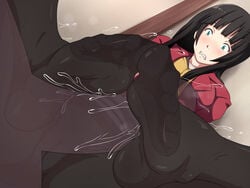 1boy black_hair cameltoe feet female flying_witch green_eyes kowata_makoto pantyhose penis