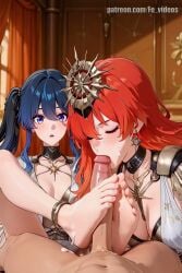 2girls 2girls1boy ai_generated animated animation beautiful blowjob blowjob_face breasts cum cumshot cute cute_face deepthroat female fevideos foot_fetish footjob hi_res highres licking_penis naked nude original_character saliva sex smooth_skin straight sucking sucking_penis tagme video