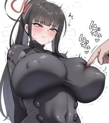 1girls absurdres alternate_costume alternate_hairstyle black_bodysuit black_hair blue_archive blunt_bangs blush bodysuit breasts bright_pupils commentary_request covered_nipples halo headgear highres huge_breasts kiteman442 official_alternate_costume official_alternate_hairstyle poking poking_another's_breast ponytail red_eyes ringed_eyes rio_(armed)_(blue_archive) rio_(blue_archive) simple_background solo_focus sound_effects white_background white_pupils