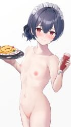 ai-assisted ai_generated blue_hair blush collarbone completely_nude flat_chest highres holding_object idolmaster idolmaster_shiny_colors looking_at_viewer maid_headdress morino_rinze navel nipples nude nude_filter pussy pussy_juice red_eyes short_hair simple_background standing sweat thighs third-party_edit