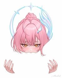 2girls absurdres aemeath_(wuthering_waves) ahoge blush commentary cunnilingus female_pov fingernails hair_ornament hand_on_another's_thigh highres long_hair looking_at_viewer meme moovalandi multiple_girls negative_space negative_space_cunnilingus_(meme) oral orange_eyes pink_hair ponytail pov signature simple_background spread_legs star-shaped_pupils star_(symbol) symbol-shaped_pupils white_background wuthering_waves yuri