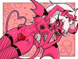 1girls 2026 2d alternate_hairstyle big_breasts centinel303 chocolate chocolate_box chocolate_on_breasts curvy demon_girl female fishnets helluva_boss holding_chocolate no_ai nude pink_body solo succubus tail thighhighs thighhighs_only tongue twitter_link valentine's_day verosika_mayday_(helluva_boss) white_hair wide_hips wings