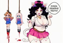 3girls ai ai_generated artificial_intelligence bimbo black_hair blonde_hair blood bloody blue_eyes bruise cat_ears cat_girl cat_tail catgirl chubby_female clarice_(sona) cloud_(friday_night_funkin) curvy_female dark_humor fnf fnf_mod fnf_mods friday_night_funkin friday_night_funkin_mod hanging hazel_eyes homophobic_slur lesbian_correction lesbophobia misogyny moles murder murdered neko_pose novelai pale-skinned_female pale_skin pink_hair senpai_(friday_night_funkin) snuff spite suicide