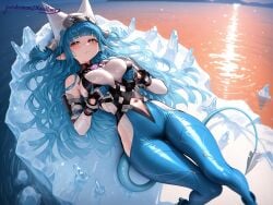 1girls ai_generated arknights arknights:_endfield bare_shoulders blue_hair blunt_bangs blush detached_sleeves gloves hip_vent large_breasts last_rite_(arknights) laying_down laying_on_back leggings long_hair long_sleeves looking_at_viewer navel patreon patreon_username pointy_ears red_eyes sidelocks solo squeezing_breast straps tail xzollosez