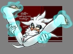 2022 andromorph anthro anus bedroom_eyes bodily_fluids dialogue digital_drawing_(artwork) digital_media_(artwork) english_text feet fluffy fluffy_chest genital_fluids genitals hi_res intersex meowwabae narrowed_eyes nude pawpads presenting presenting_vulva seductive sega silver_the_hedgehog simple_background smile solo sonic_the_hedgehog_(series) spread_legs spreading tail talking_to_viewer telekinesis text vaginal_fluids vulva watermark white_body yellow_eyes