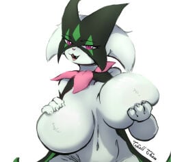 1girls artist_name big_breasts chell_chan color colored female female_focus female_only green_fur huge_breasts hyper hyper_breasts looking_at_viewer meowscarada no_areolae no_nipples pokemon pokemon_(species) pokemon_sv presenting_breasts