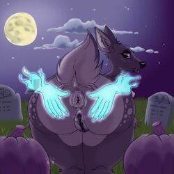 all_fours anthro anus areola ass big_butt black_eyes black_nose bratcatt breasts brown_body brown_fur cemetery cloud deer disembodied_hand eyelashes female food fruit fur genitals hi_res looking_at_viewer looking_back looking_back_at_viewer mammal moon night nipples nude open_mouth plant pumpkin rear_view sky solo spread_butt spreading tan_body tan_fur thick_thighs tombstone vulva wide_hips