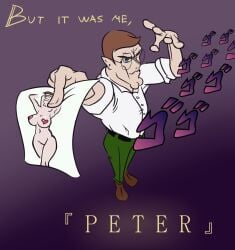 armpit armpits breasts brown_shoes cleavage cleft_chin drawfruit family_guy foreshortening glasses green_pants heart_pasties holding holding_drawing holding_object honhearthy it_was_me_dio jojo_reference menacing menacing_(jojo) menacing_(meme) navel pasties peter_griffin pointy_ears pose posing round_glasses solo