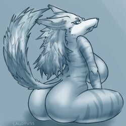 1girls anthro ass blue_eyes breasts drawfruit furry honhearthy long_hair naked nude oerba_yun_fang single_fang snout solo striped_fur stripes tail