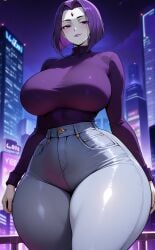 ai_generated bob_cut breasts curvaceous curvy curvy_female curvy_figure dc_comics houseofwaifu huge_breasts jeans mommy rachel_roth raven_(dc) sweater teen_titans thick thick_legs thick_thighs wide_hips