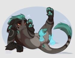 2025 4_paws 5_fingers animal_genitalia animal_penis anthro anus balls blue_anus blue_body blue_fur blue_hair blue_pawpads blue_penis blush canine_genitalia canine_penis digital_media_(artwork) digitigrade disembodied_hand fingers fur genitals ghost_hand grey_body grey_fur hair half-erect handjob hiko-shark legs_up long_tail lying male markings pawpads penile penis red_eyes scale_markings scales sex signature simple_background solo spread_legs spreading striped_body striped_fur stripes tail tail_tuft tuft vernid yellow_sclera