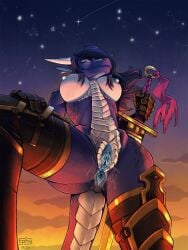 3:4 anthro anus areola armor bodily_fluids breasts clothing constellation dragon ephy female gauntlets genital_fluids genitals gloves handwear hi_res horn low-angle_view melee_weapon mythological_creature mythological_scalie mythology nipples non-mammal_breasts non-mammal_nipples sapphire_(weredog) scalie shin_guards shooting_star solo star sword vaginal_fluids vulva weapon weredog_(copyright) worm's-eye_view