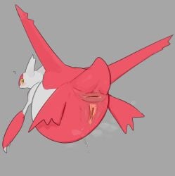 anus blush bodily_fluids female feral generation_3_pokemon genital_fluids genitals hi_res latias legendary_pokemon nintendo nude pokemon pokemon_(species) simple_background solo solterv vulva yellow_eyes