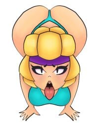 1girls ass ass_focus bikini bikini_bottom bikini_top blonde_female blonde_hair blush brawl_stars charlie_(brawl_stars) female female_only headband humanoid looking_at_viewer submissive submissive_female supercell tongue tongue_out white_skin workout_charlie_(brawl_stars)