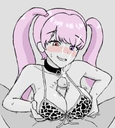 1boy 1boy1girl 1girls blush boobjob breasts collar cow_bikini cum doctorshax03 hair hair_accessory long_hair moaning multicolored_eyes nat_irisa paizuri pillow_grab pink_eyes pink_hair purple_eyes slim slim_female titjob twintails virtual_youtuber