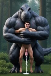 2boys 3d ai_generated anal anal_sex anthro anthro_on_human anthrofied balls balls_size_difference bear_hug big_penis black_scales brown_hair claws cum cum_in_ass dangling_legs digitigrade dinosaur duo forest furry furrypornaddiction gay hug huge_balls huge_cock hugging human larger_anthro male male/male nipples outside penis penis_size_difference restrained scales scalie scar scars sex sharp_teeth size_difference smaller_human stand_and_carry_position tan_skin tyrannosaurus_rex