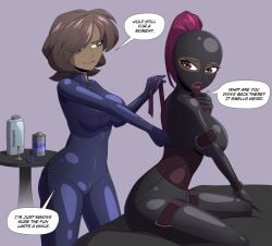 black_clothing blue_clothing bodysuit bondage_gear brown_hair female female_only femdom femsub fully_clothed lahley latex latex_clothing latex_suit lezdom lipstick makeup png shiny_clothes thigh_cuffs tight_clothing wrist_cuffs