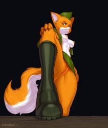 2019 absurd_res anthro black_background boots breasts canid canine chelodoy clothing female footwear fox hat headgear headwear hi_res lt._fox_vixen mammal nipples pussy simple_background solo squirrel_and_hedgehog