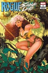1girls anna_marie brown_hair cleavage comic_cover dagger gloves green_eyes jungle jungle_girl large_breasts lukas_werneck marvel marvel_comics multicolored_hair official_art rogue_(savage_land) rogue_(x-men) savage_land thick_thighs tooth_necklace torn_clothes white_hair