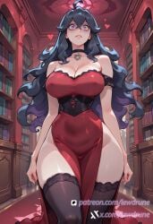 ai_generated anime black_choker black_thigh_highs dark_room exposed_shoulders female heart hex_maniac huge_breasts illustration indoors lewdrune library long_hair mature_figure multiple_girls pale_skin pokemon purple_eyes vines watching wide_hips