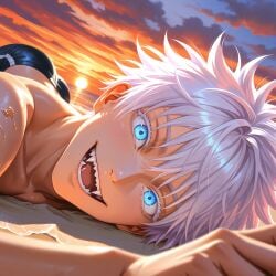 ai_generated beach close-up fangs jujutsu_kaisen satoru_gojo smiling solo