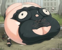 1boys 1girls ? air_inflation android artist_name black_clothing black_dress boots city cleavage erect_nipples erect_nipples_under_clothes fat_face gigantic_ass gigantic_belly gigantic_breasts headband inflation inflation_fetish leotard nier:_automata nier_(series) pod_(nier) puffy_nipples robot_girl royaloppai short_hair spherical_inflation square_enix sunken_limbs thighhighs thong thong_leotard tree visor white_hair yorha_2b yorha_9s