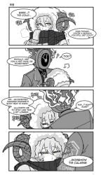 blonde_female clock couple dante_(limbus_company) dark-skinned_male dialogue don_quixote_(limbus_company) fire happy light-skinned_female limbus_company loving_couple project_moon prosthetic sfw ticking warming warming_up wholesome